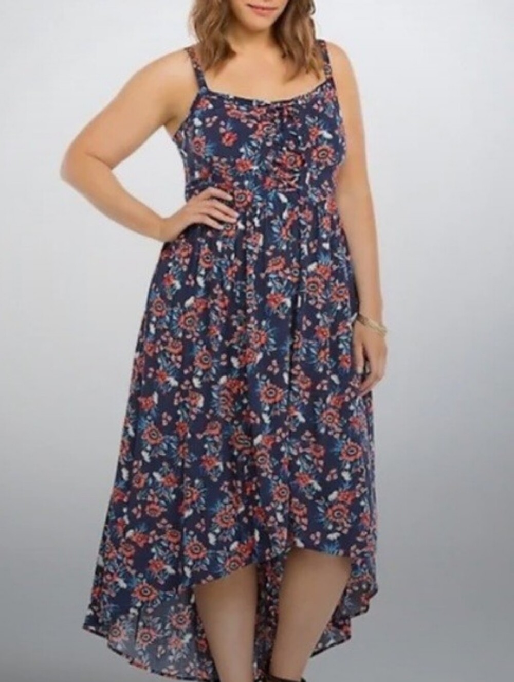 torrid Challis Navy Floral High-Low Sundress with Red Accents and Lace-up Front